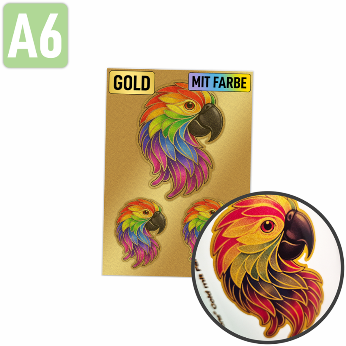 Rubons gold mit Farbe DIN A6, randlose Aufkleber zum Aufreiben