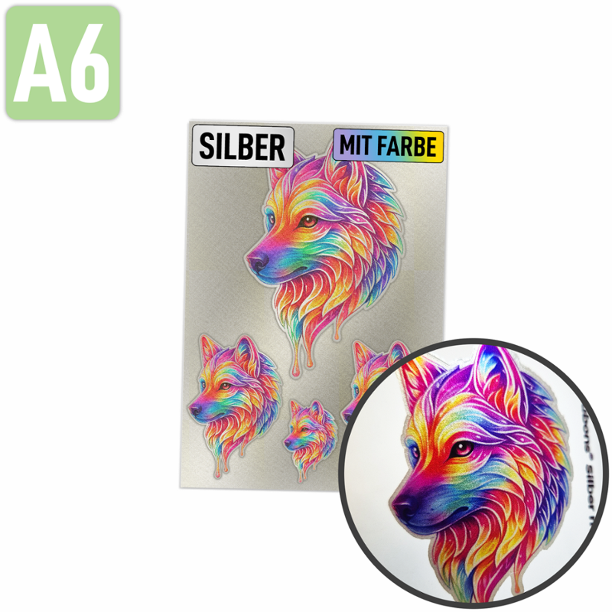 Rubons silber mit Farbe DIN A6, randlose Aufkleber zum Aufreiben