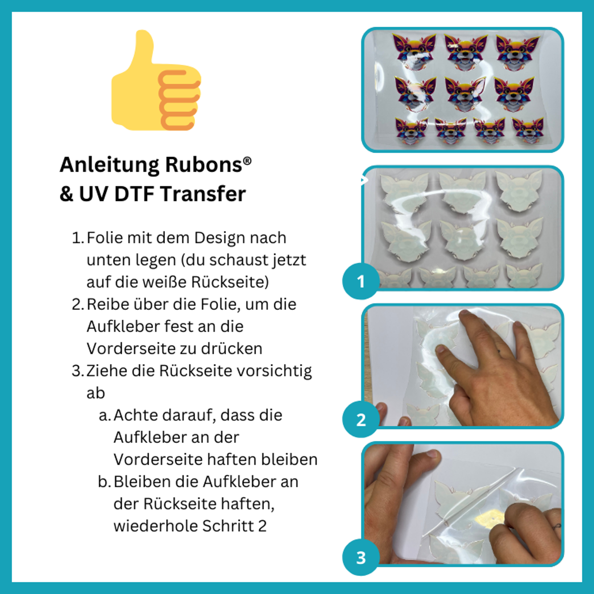 Rubons UV-DTF gold mit Farbe DIN A3, randlose Aufkleber zum Aufreiben