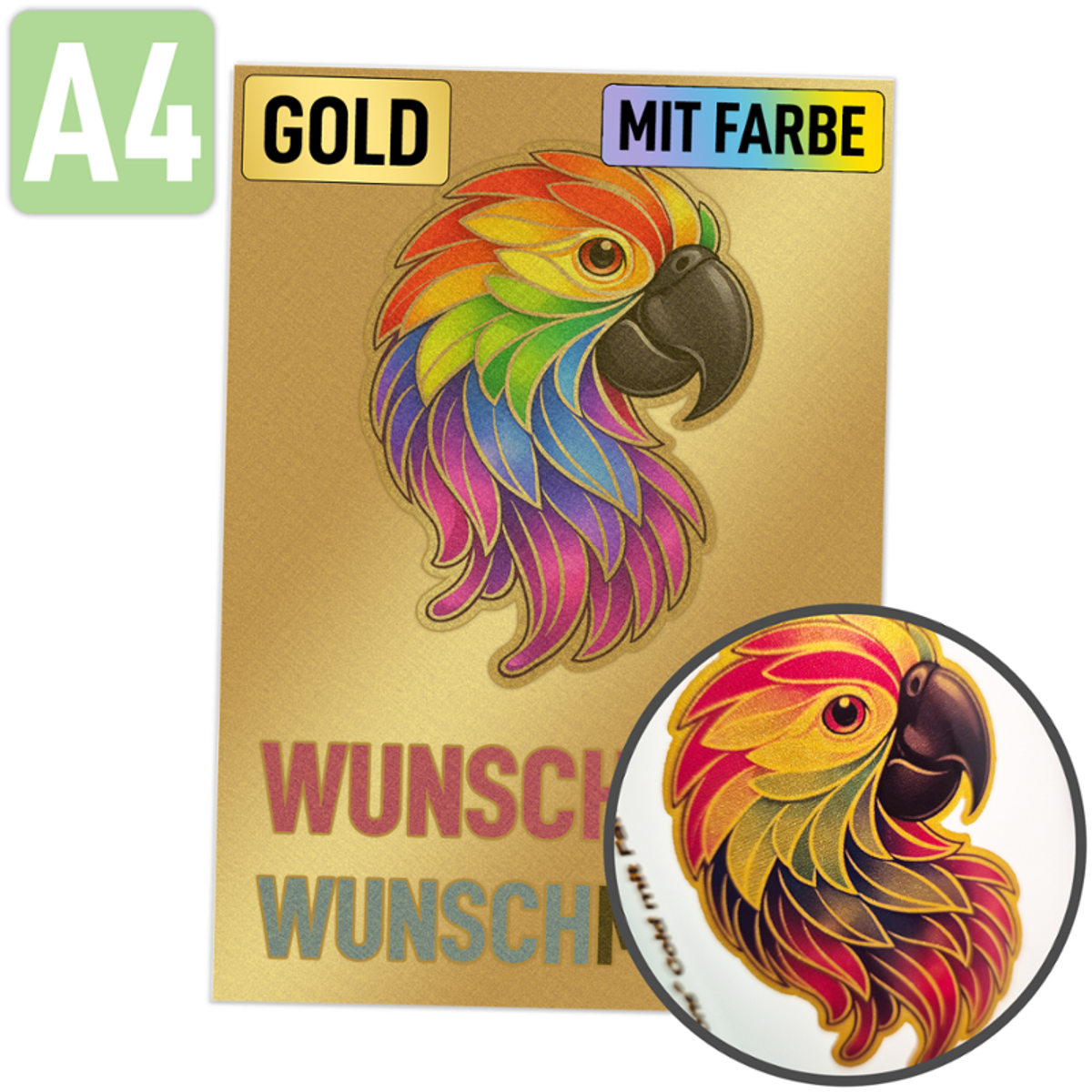 Rubons UV-DTF gold mit Farbe DIN A4, randlose Aufkleber zum Aufreiben